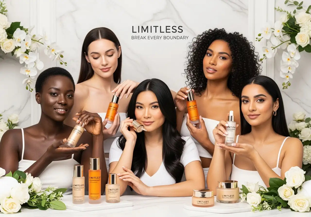 The limitless brand’s skincare and makeup products, featuring sleek glass bottles with metallic caps in warm amber and neutral tones.